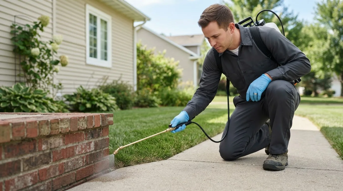 Pest control technician treating a home near La Moille, IL